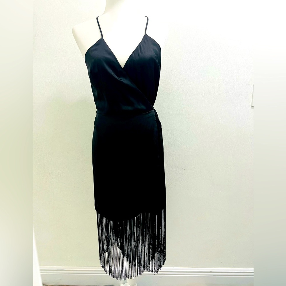 Lovers + Friends Ysabella black fringe wrap dress, size M EUC